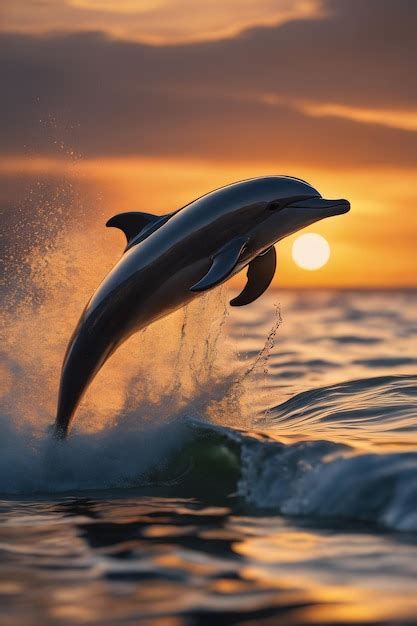 Premium Ai Image Playful Dolphin In Majestic Sunset Over The Sea