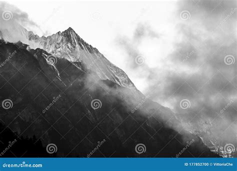 Morning In Foggy Mountains Black And White Mountain Background Stock