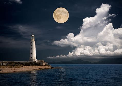 Full Moon Clouds And White Lighthouse At Night Wall Mural