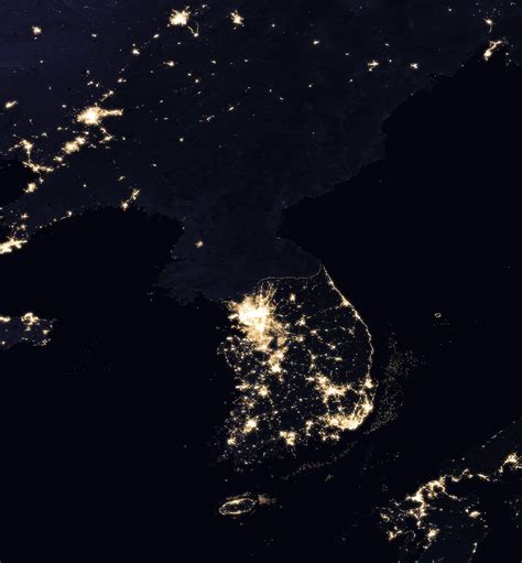 Satellite Image Of The Korean Peninsula At Night Showing North Korea