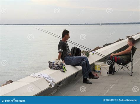 Man Is Fishing At Lake Balaton In Tihany Hungary Editorial Photography