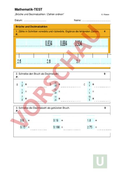 Kostenloses arbeitsblatt/unterrichtsmaterial für ihren unterricht in der schule oder für nachhilfe zum thema: Arbeitsblatt: Test Brüche u. Dezimalzahlen u. Zahlen ...