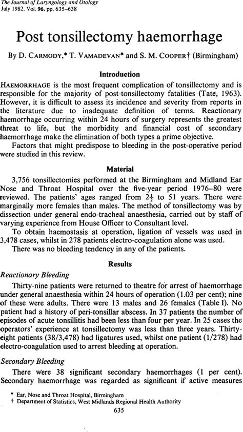 Post Tonsillectomy Haemorrhage The Journal Of Laryngology And Otology