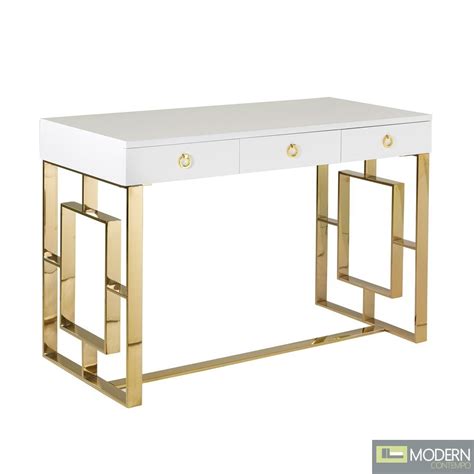 Modern Contempo Akwa High Gloss White Lacquer Desk Gold