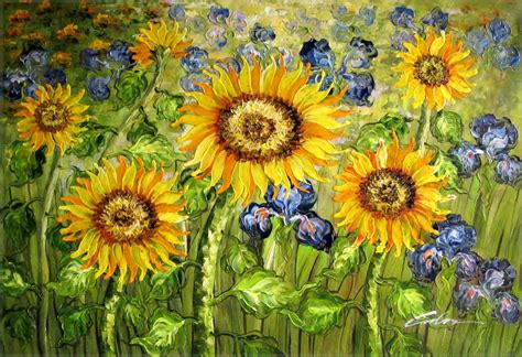 Framed Van Gogh Sunflowers And Iris Field Repro Hand Painted Oil