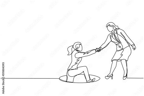 Continuous One Line Drawing Businesswoman Helping Her Friend By Take