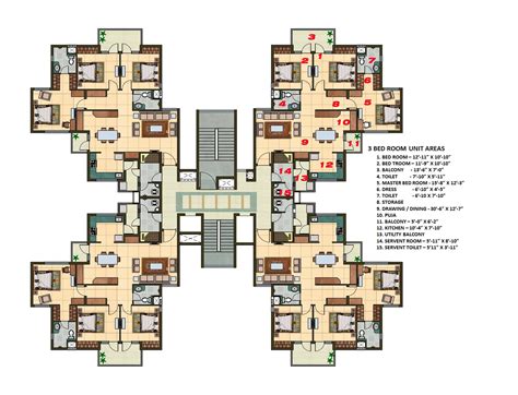 3 Bhk Apartment Cluster Tower Rendered Layout Plan N Design