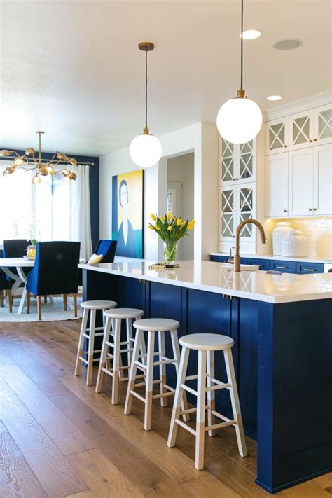 Blue grey and white kitchen island chairs. Blue and White Kitchen with Kitchen Island, Stools and ...