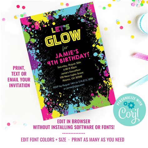 Neon Glow Party Theme Invitation Glow Birthday Party Invite Etsy