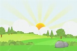 Amanecer en escena rural con paisaje de campo verde | Vector Premium