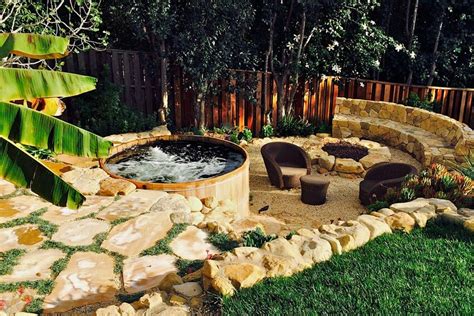 Sunken Garden With Hotub And Fire Pit Hot Tub Landscaping Backyard
