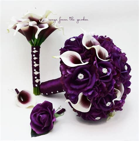 wedding package purple white real touch picasso callas roses hydrangea rhinestones bridal bou