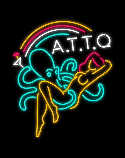A Neon Sign That Says Ato With An Octopus Holding A Guitar In Its Hand