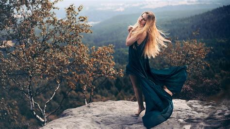 long hair barefoot fall bare shoulders closed eyes model forest blonde dress 1080p
