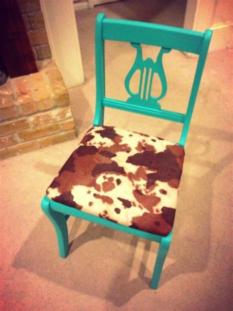 Redid An Old Chair Painted It Turquoise And Added Cowhide To The Seat