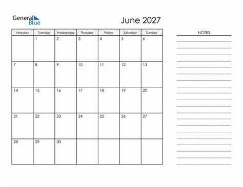 Printable Monthly Calendar With Notes June 2027