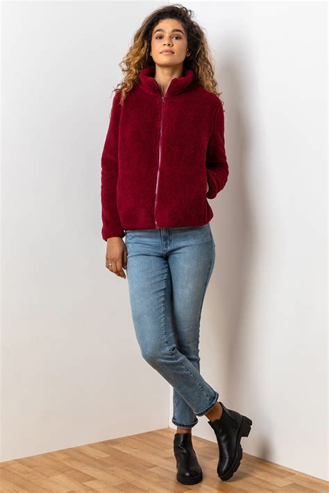 Soft Sherpa Fleece Jacket In Burgundy Roman Originals Uk