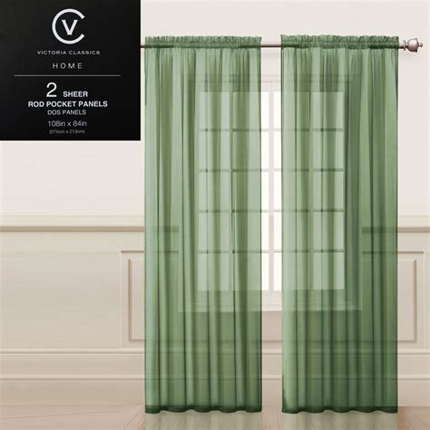 Two 2 Sage Green Sheer Rod Pocket Window Curtain Panels 108w X 84l