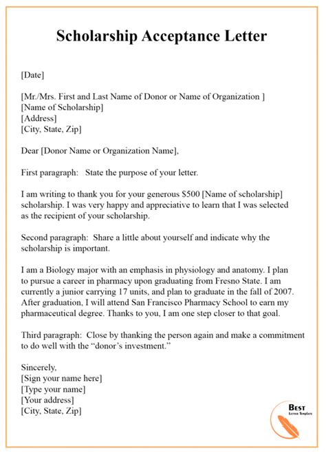7 Scholarship Acceptance Letter Template Example Samples For Acceptance