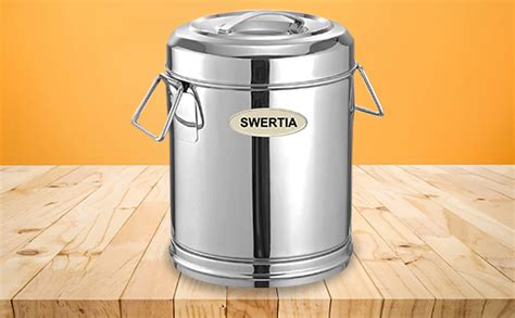 swertia stainless steel storage box with handle aata rice drum with laser etching water pawali