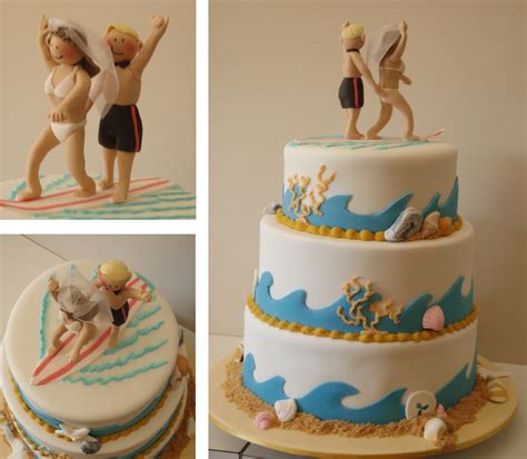 the little oak tree surfing couple wedding cake beach theme
