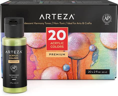 Arteza Iridescent Acrylic Paint Set Of 20 Harmony Colors 2 Oz Bottles High Viscosity Shimmer