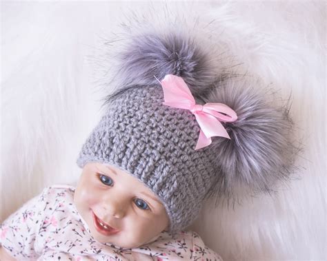 Gray And Pink Baby Girl Double Pom Pom Hat Preemie Hat Etsy