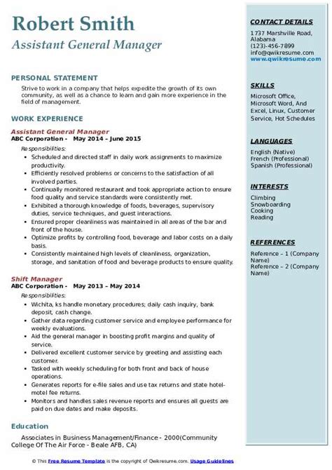 An administrative assistant resume summary provides a brief outline of your skills and qualifications. Assistant General Manager Resume Samples | QwikResume