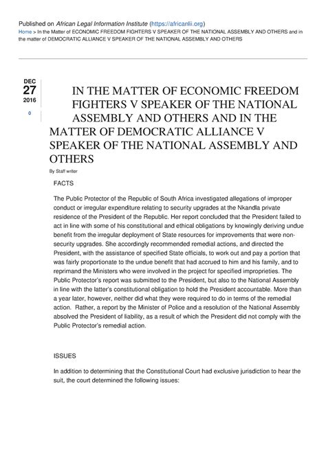 Summary Economic Freedom Fighters V Speaker Of The National Assembly And Others Democratic