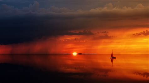 Download Wallpaper 1600x900 Sea Horizon Sail Sunset Lonely Clouds