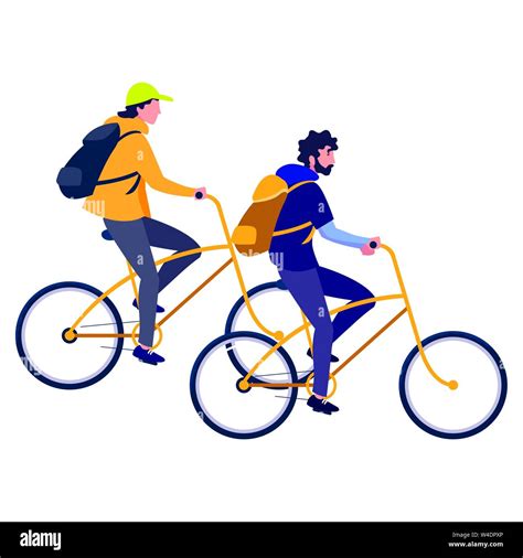 Two Men Riding Bike On White Background Vector Illustration Stock