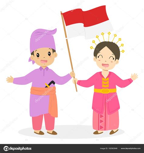 Happy Boy Girl Wearing Riau Traditional Dress Holding Indonesian Flag
