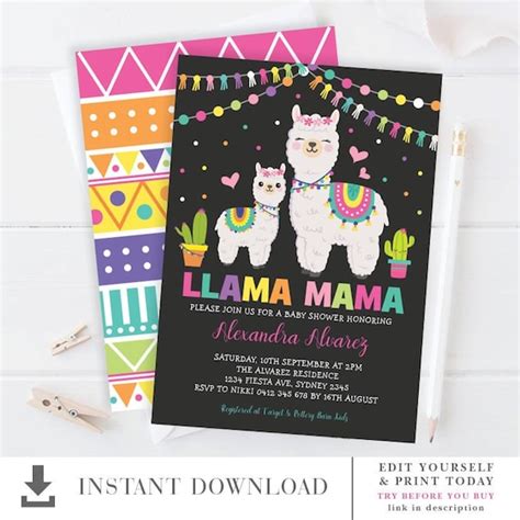 Llama Baby Shower Invitation Fiesta Llama Editable Template Cactus