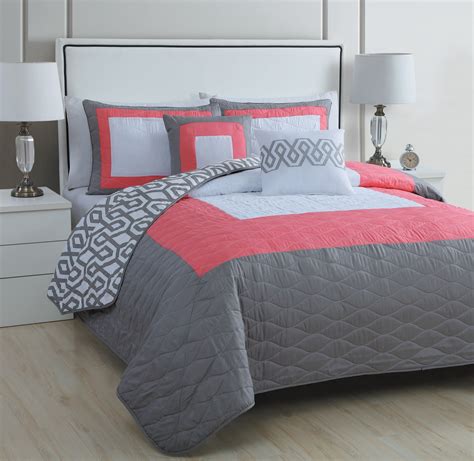 5 Piece Modern Coral Pink Grey White Quilt Set Queen Bed Size Geometric Bedding Ebay