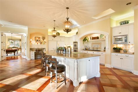 Large Gourmet Kitchen Area With White Cabinets Unique Wood Flooring
