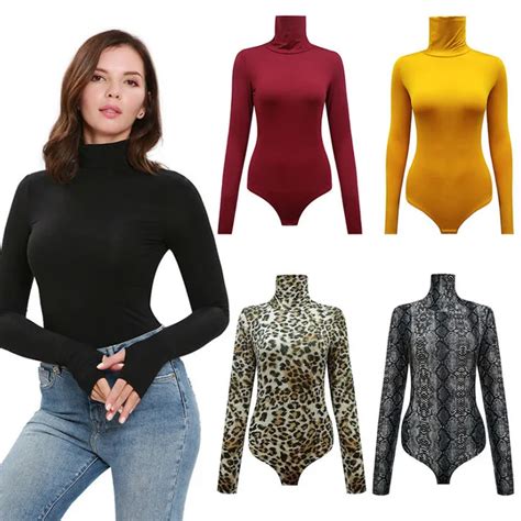 2019 Cotton Long Sleeve High Neck Skinny Bodysuit 2018 Autumn Winter