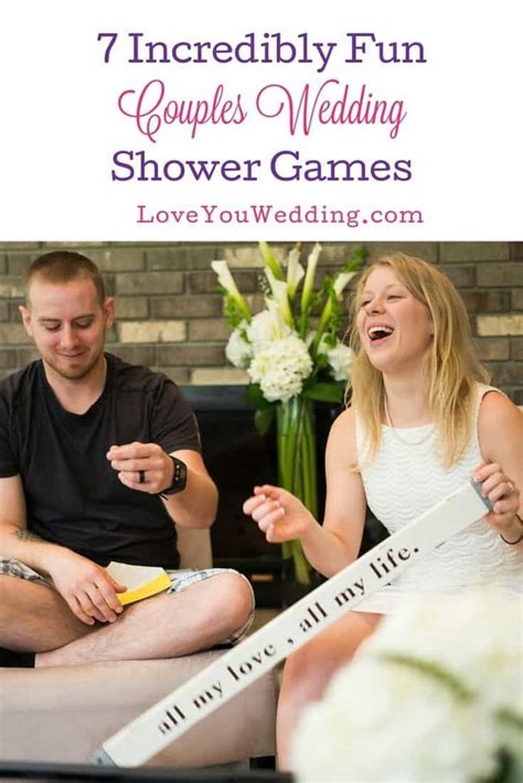 A Man And Woman Sitting On A Couch With The Words 7 Incredibly Fun Couples Wedding Shower Games