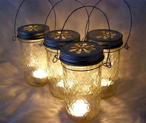 Four Glass Quilted Mason Jar Lanterns Candle Holder