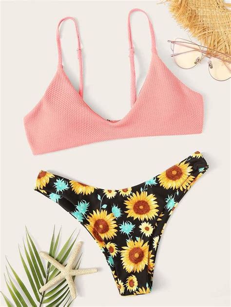Random Sunflower Print Mix And Match Bikini Set Mix And Match Bikini
