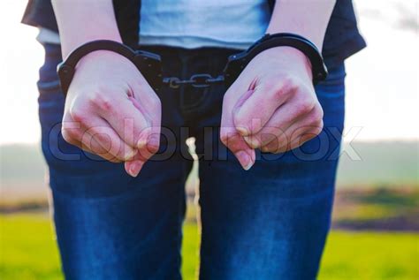 Handcuffed Woman Hands Outdoors Stock Image Colourbox