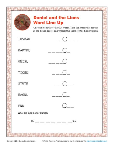 Daniel And The Lions Den Word Line Up Activity For Kids