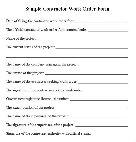 sample contractor work order forms sample templates