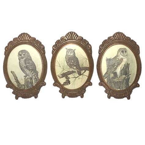 Vintage Owl Wall Plaques Set Oval Carved Wood E Rambow Prints 3 Pictures Owl Wall Vintage