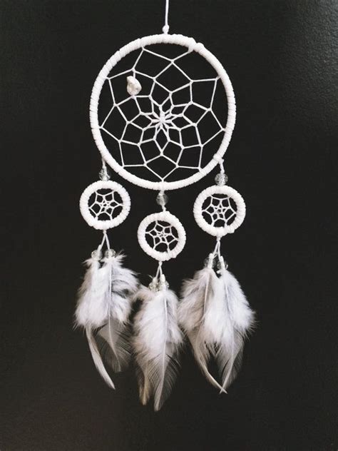 White Four Ring Dream Catcher With White Feathers And Gemstone Beaded Web