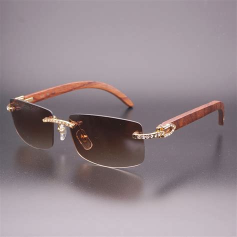 luxury rhinestone black mix white buffalo horn rimless sunglasses men wood sun glasses retro