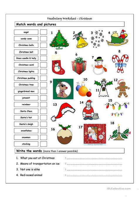 Check out our collection of printable kids worksheets with a winter theme. Vocabulary Matching Worksheet - Xmas worksheet - Free ESL ...