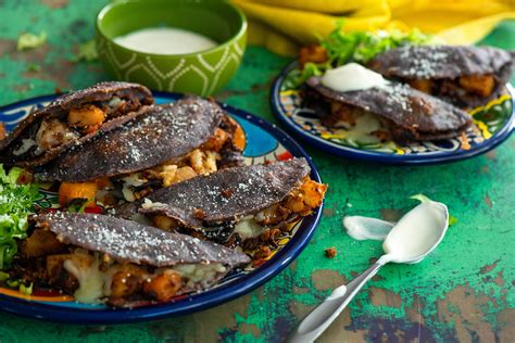Blue Corn Quesadillas With Potato Chorizo And Hibiscus Nibbles And
