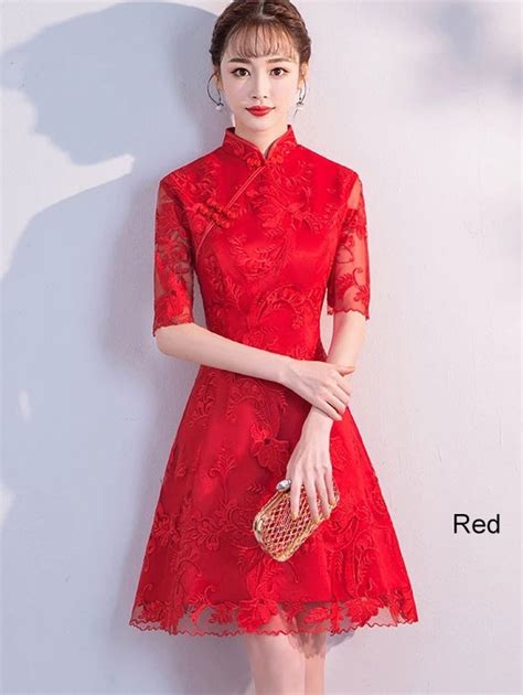 Red Lace A Line Qipao Cheongsam Dress Cozyladywear