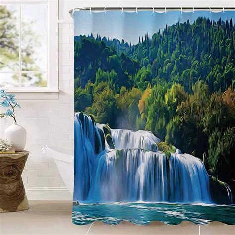 Waterfall Shower Curtainsscenic Waterfall On The River And Forest Wild