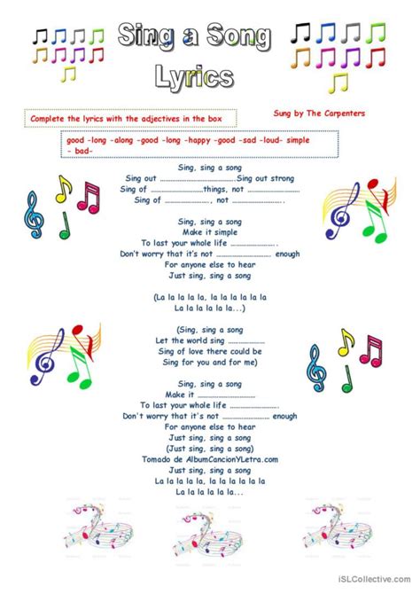 Sing A Song Lyrics Song And Nursery English Esl Worksheets Pdf And Doc